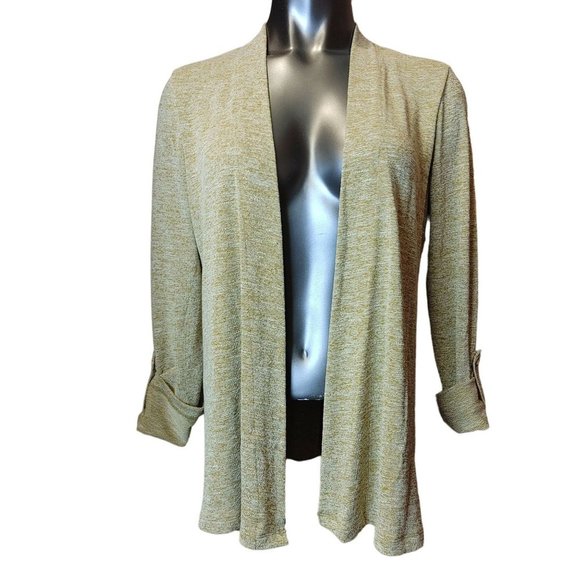 CHARTER CLUB Women 8 White Tan Marled Knit Long Rolled Sleeve Open Front Sweater - Picture 1 of 3